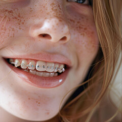Gros plan sur un appareil dentaire et la bouche d'une jeune fille adolescente avec des soins apporté par un orthodontiste - 762339095