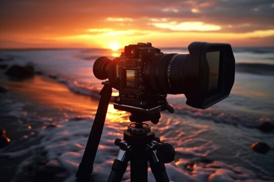 A camera on a tripod with a beautiful sunset in the background. Perfect for photography enthusiasts and travel bloggers