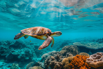 Fototapeta premium Sea turtles swimming through the crystal-clear waters of the Great Barrier Reef, with vibrant coral reefs as their backdrop. 