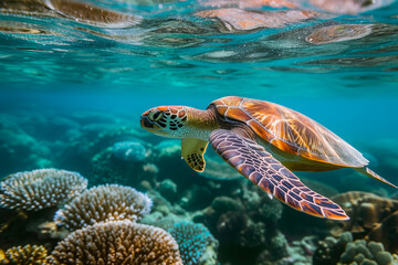 Sea turtles swimming through the crystal-clear waters of the Great Barrier Reef, with vibrant coral reefs as their backdrop. 