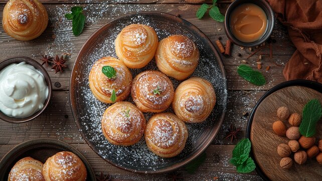 profiteroles dessert through a realistic and visually appealing photograph, featuring a large area for accompanying text.