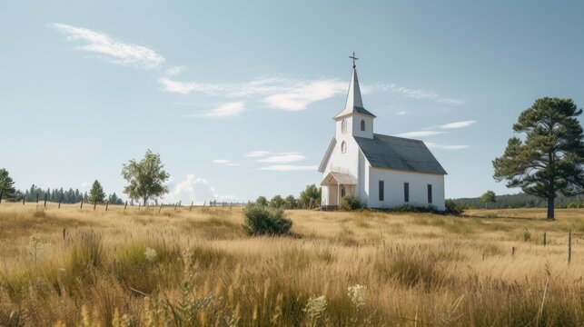 A white church with a steeple in a serene field. Perfect for religious or rural themes