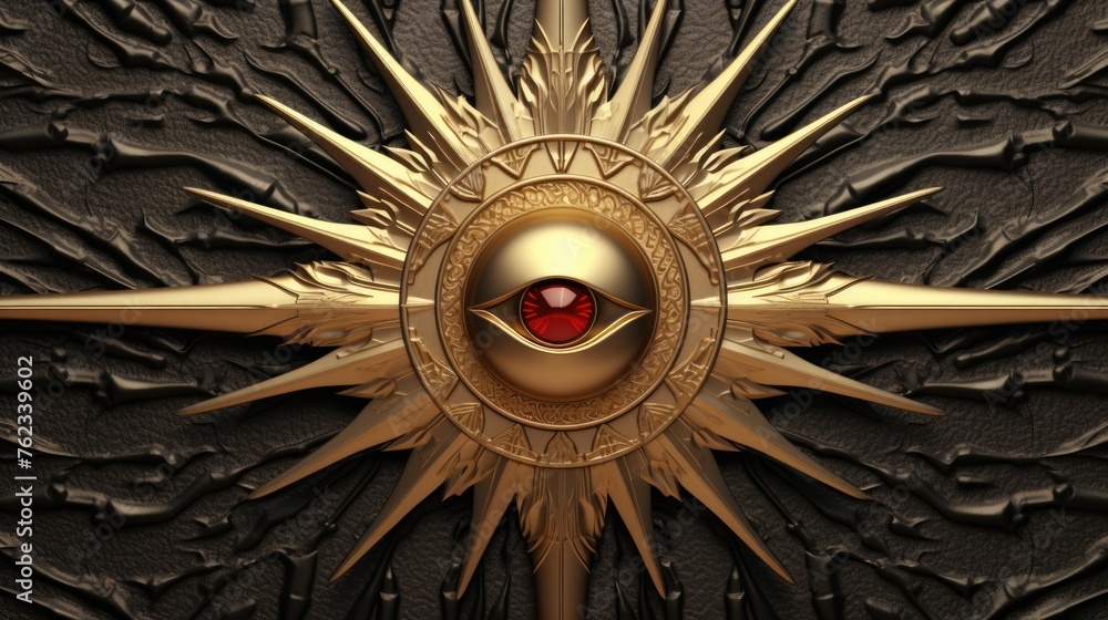 Poster a gold star with a red eye. suitable for various design projects
