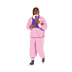 Mother and sleeping baby in sling bag. Black woman, mom carrying kid in wrap. Mum holding newborn child, infant in comfortable carrier, walking. Flat vector illustration isolated on white background