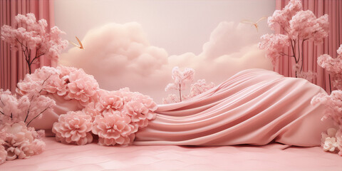 Pink surreal landscape with pink flowers, pink trees and pink clouds in 3D rendering.