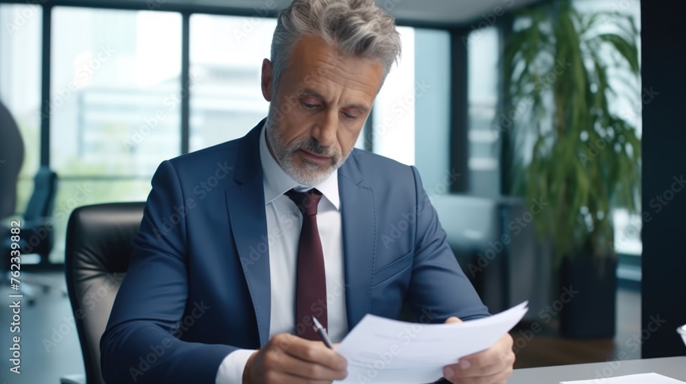 Poster man sitting at a desk with a piece of paper, suitable for office and business concepts