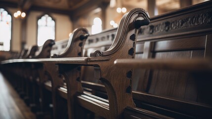 A row of wooden benches in a church. Suitable for religious concepts - obrazy, fototapety, plakaty