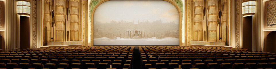 Fototapeta premium An empty movie theater auditorium with an ornate proscenium arch and a large screen.