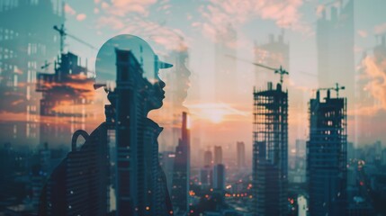 Civil engineer double exposure with towering structures under the sunset