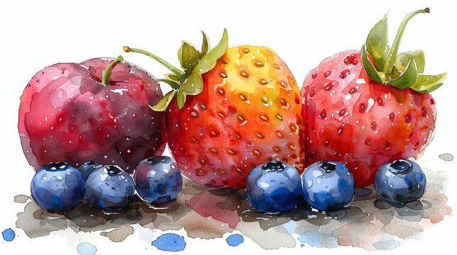 Bright watercolor composition of various berries, including strawberries, raspberries, blueberries and blueberries
concept: healthy eating, cookbooks, painting, and food