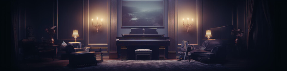 3D rendering of a dark living room with a piano, painting, and two chairs in a dark blue and brown color scheme.