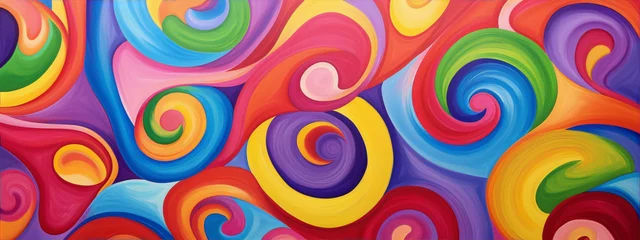 Fotobehang Colorful abstract painting with swirls in pink, blue, green, red, orange, purple, and yellow. © ahmednadia