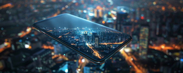 A smartphone levitating, with a detailed, photorealistic night city image on display, highlighting advanced technology - obrazy, fototapety, plakaty