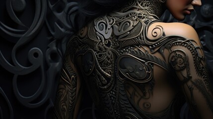 A woman showcasing a tattoo on her back. Suitable for beauty and fashion content