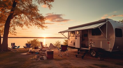 A serene scene of a camper trailer parked by a peaceful lake at sunset. Ideal for travel and outdoor adventure concepts