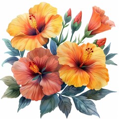 watercolor composition with large flowers painted in warm shades of orange and red, with green leaves and buds clipart Concept: art and nature, in botanical books and textbooks, flora and plant growin