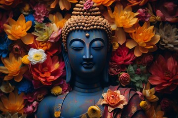 a statue of a buddha surrounded by flowers - obrazy, fototapety, plakaty
