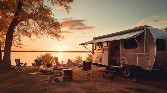 A serene scene of a camper trailer parked by a peaceful lake at sunset. Ideal for travel and outdoor adventure concepts