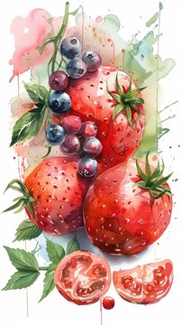 Bright watercolor composition of various berries, including strawberries, raspberries, blueberries and blueberries
concept: healthy eating, cookbooks, painting, and food