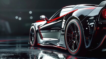 Close up of a sports car on a wet surface, suitable for automotive industry promotions