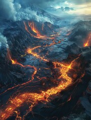 A volcanic landscape with glowing magma rivers carving through dark, rocky terrain