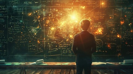 A young mathematician stands at a blackboard covered in elegant equations, lost in thought The camera angle is positioned behind the subject, 