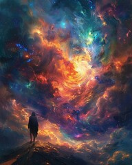 Amid swirling nebulae, a spectral being navigates a sea of souls in search of lost memories, painted in vivid colors with a mysterious silhouette lighting effect