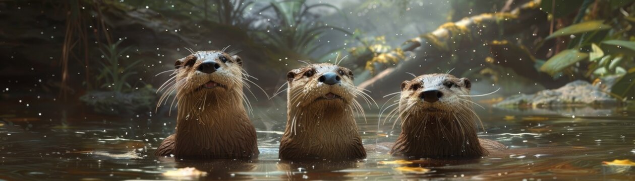 Otters playing in a river Earthy Infusion Virtual Landscapes Cosmic Dreams Digital Landscapes ,