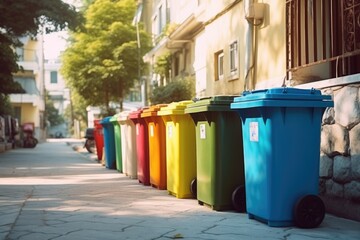 Colorful row of trash cans on a city street. Perfect for urban themes