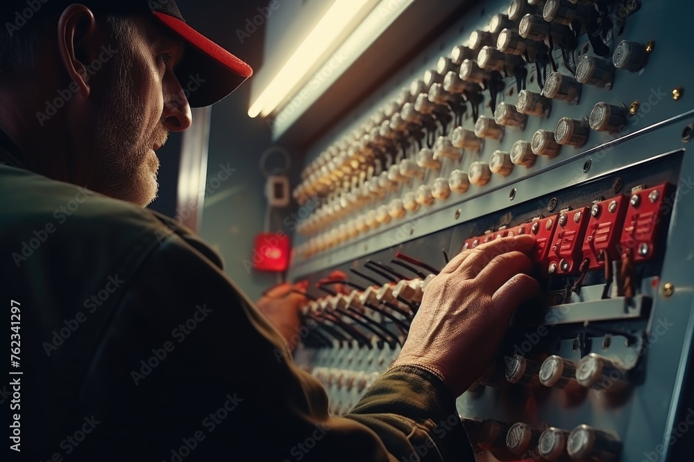 Aufkleber A man is seen working on a control panel. Suitable for technology and engineering concepts