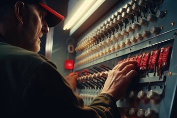 A man is seen working on a control panel. Suitable for technology and engineering concepts - obrazy, fototapety, plakaty