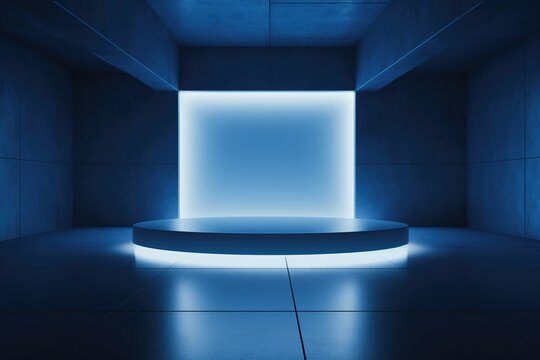 Modern abstract room with a blue platform soft lighting showcases the pedestal in a spacious empty scene