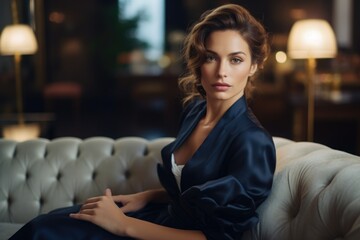 A woman sitting comfortably on a couch in a robe. Ideal for lifestyle or relaxation concepts