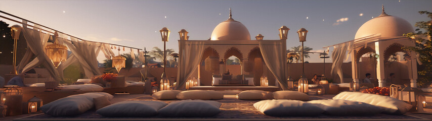 3D rendering of a luxurious tent with pillows and lanterns in the desert at sunset. - obrazy, fototapety, plakaty