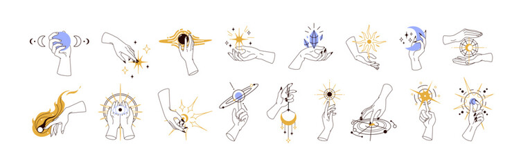 Magic outlined witch hands with mystic astrology symbols set. Holding moon, star, sun, spiritual eye, sacred crystal. Esoteric occult boho logos. Vector illustrations isolated on white background