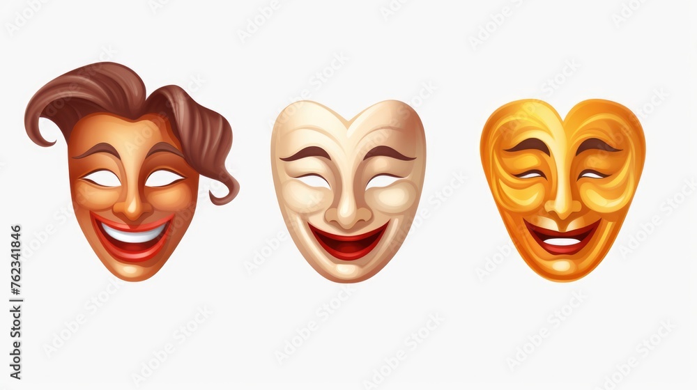 Poster three masks displaying various emotions, ideal for theater or psychological concepts