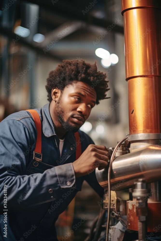 Poster a man working on a copper pipe in a factory. suitable for industrial and maintenance concepts