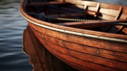 A wooden row boat floating on calm water. Ideal for travel brochures