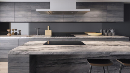 3D rendering of a modern kitchen interior with dark wood cabinets and marble countertops in grey and brown colors. - obrazy, fototapety, plakaty