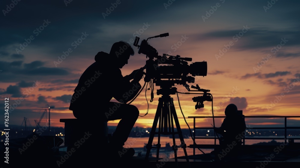 Poster a man sitting on a bench next to a camera. suitable for photography concepts