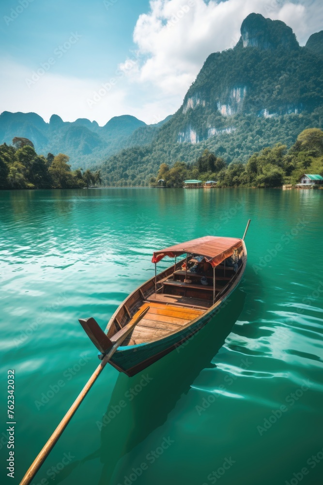 Poster a serene image of a small boat floating on a calm lake. perfect for nature or relaxation concepts