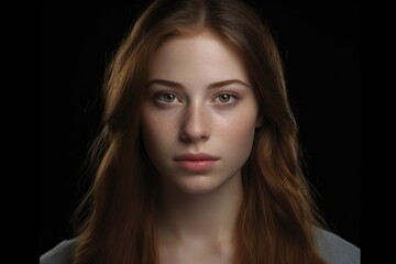 Fototapeta premium A woman with long red hair looking directly at the camera. Suitable for various projects