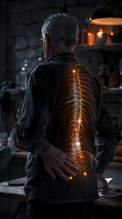 Pain concept - senior man suffering from back pain at home, pain is visualized as glowing spine - 762342072