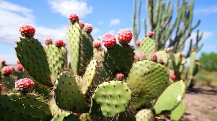 A group of cactus plants with vibrant red flowers. Ideal for botanical themes or desert landscapes