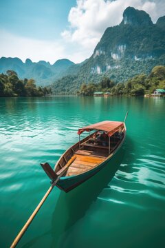 A serene image of a small boat floating on a calm lake. Perfect for nature or relaxation concepts