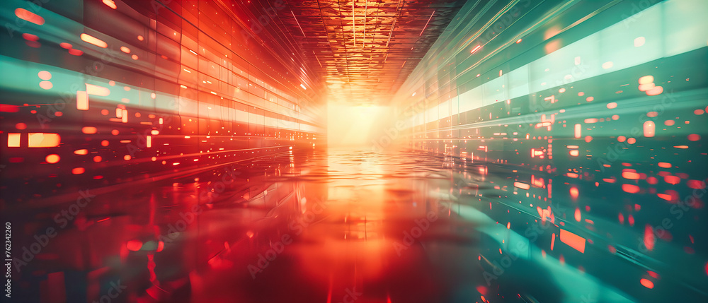 Poster glowing neon lights in futuristic tunnel, bright and modern background with abstract architecture