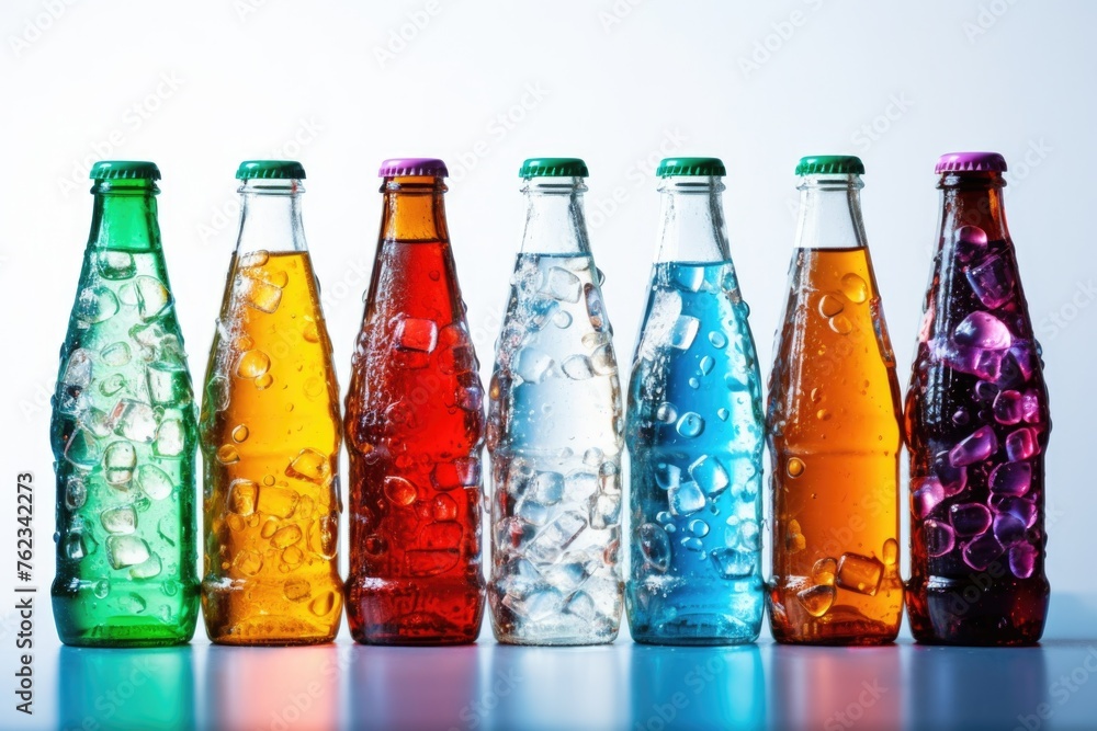Poster various soda bottles lined up on a table, suitable for beverage or party themes