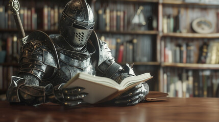 A whimsical scene where a full suit of medieval knight armor is seated at a desk, seemingly reading a book in a vintage library.