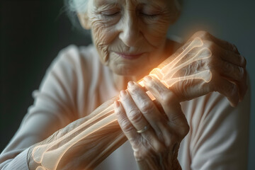 Pain concept - female suffering from wrist pain, pain is visualized with glowing bones - 762342267