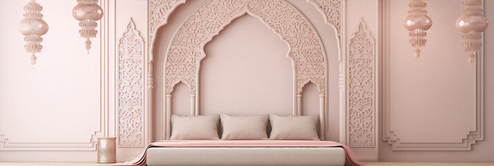 3D rendering of a Moroccan style bedroom with pink walls and intricate carvings - obrazy, fototapety, plakaty